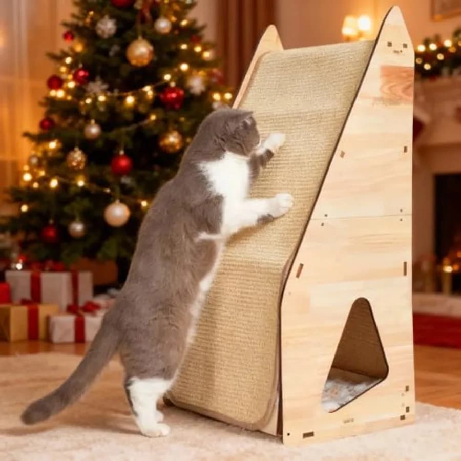 Tiragraffi per Gatti con Struttura in Legno e Tunnel Integrato, Cuccia Salvaspazio Tutto-in-Uno, Marrone, per Piccoli Spazi, Economico