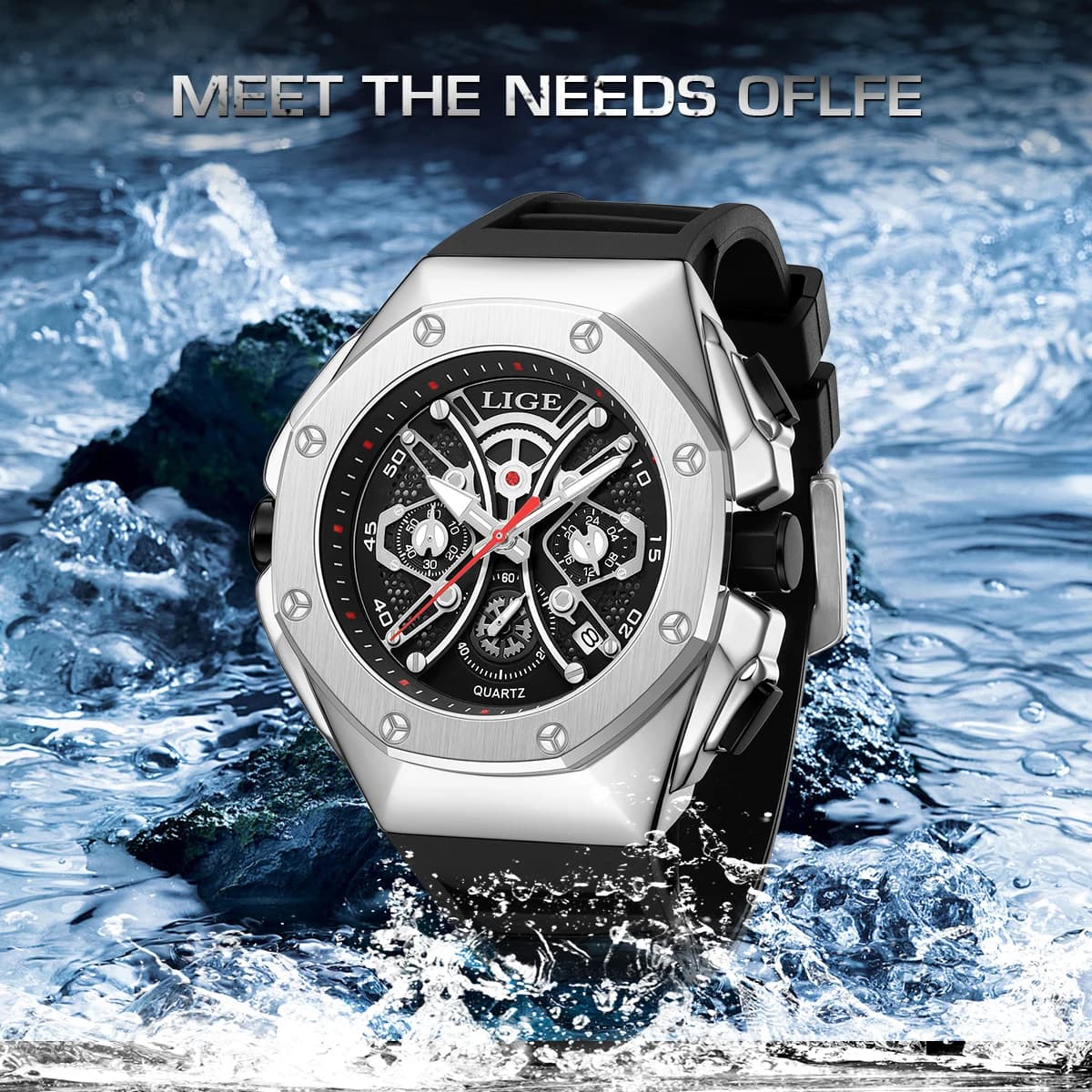 LIGE Top Man Watch Waterproof Luminous Men's Luxury Watches Time Display Digital Men's Watch Stainless Steel Homme + Box