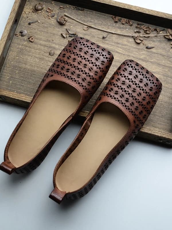 Retro Roman Style Square Head Women's Sandals Genuine Leather Soft Bottom Hollow out Design Flat Bottom Grandma Shoes