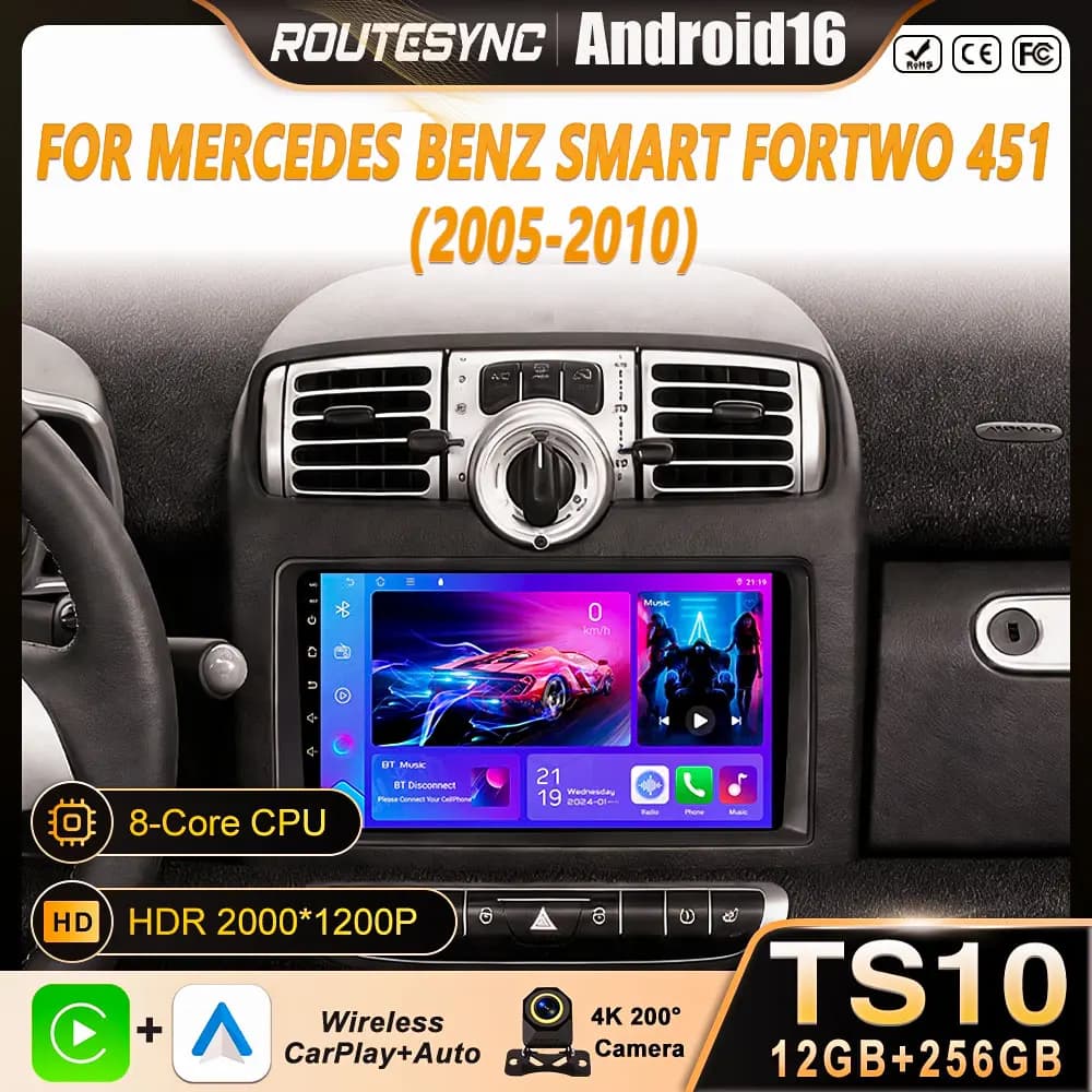 Autoradio Android 15 with CarPlay Wireless for Mercedes Benz Smart Fortwo 451 2005-2010, GPS QLED 4G WIFI BT Without 2Din