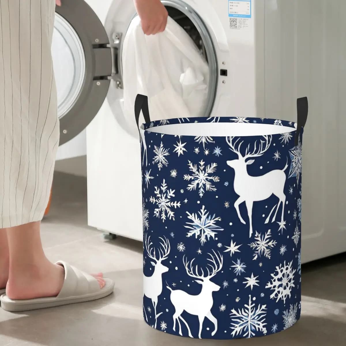 Natale. Cesto Pieghevole Blu e Bianco .8 per Bucato e Oggetti Vari, Grande Borsa Impermeabile