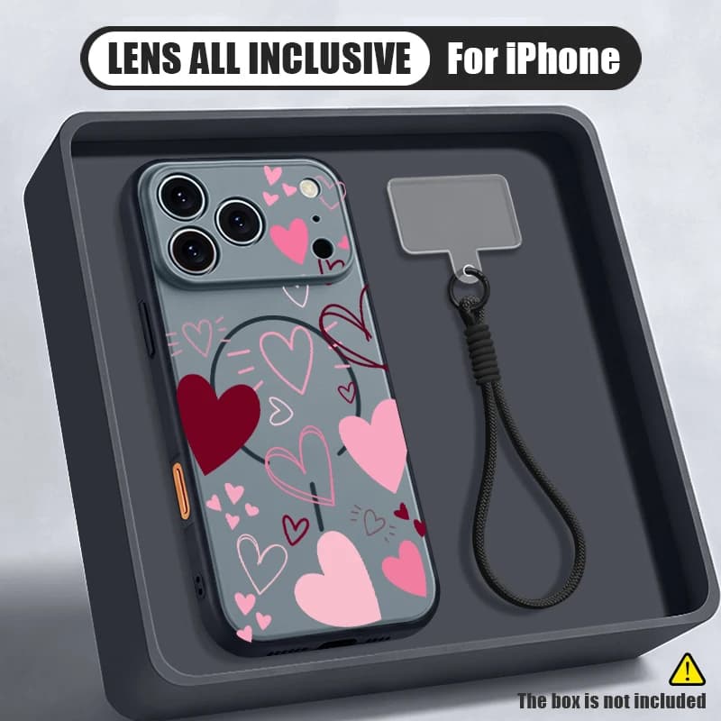 Love Heart Pattern Magnetic Phone Case For iPhone 17 16 Pro 15 14 13 Pro Max For Magsafe Wrist Strap Lanyard Hard PC Back Cover