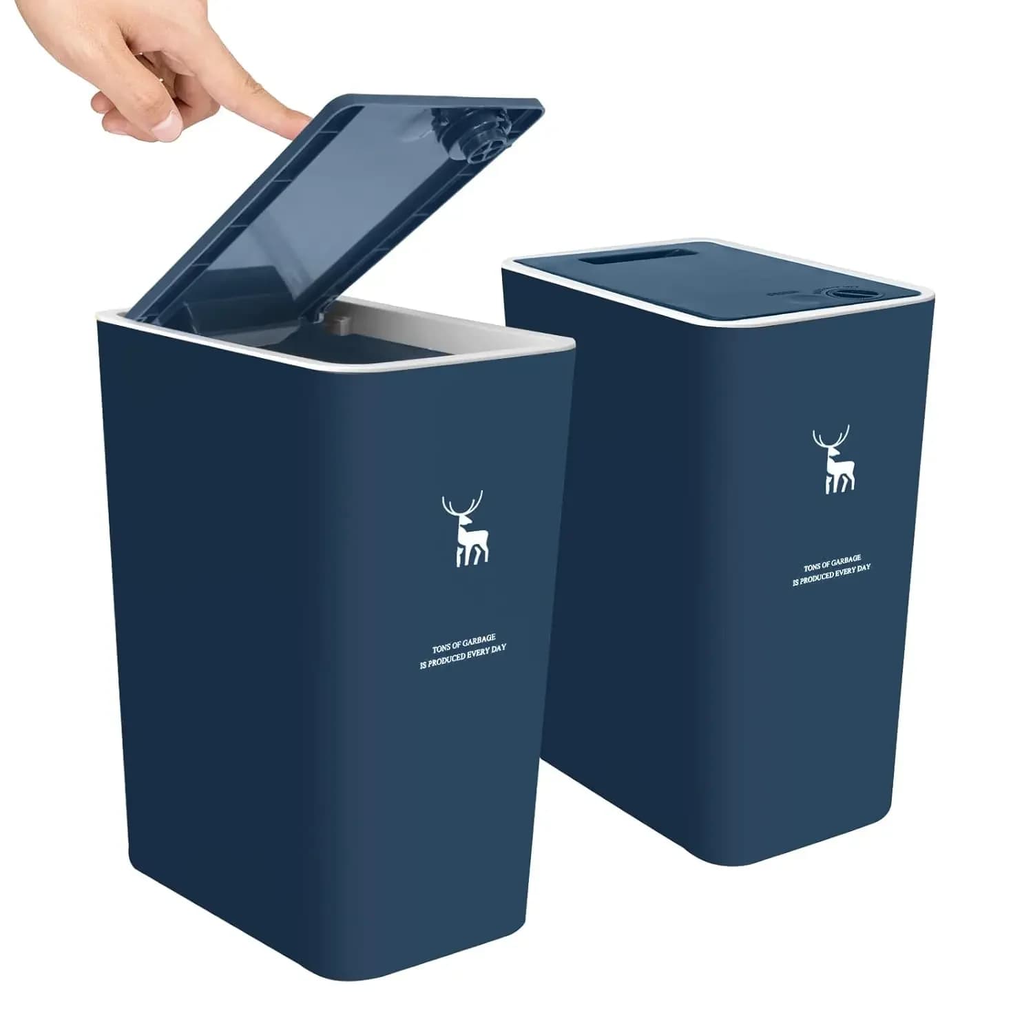 Confezione da Due Bidoni della Spazzatura in Plastica da 15 Litri con Coperchio a Pressione, Contenitori Anti-Cane per Bagno, Cucina, Camera da Letto, Ufficio