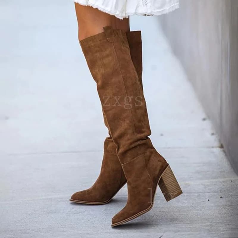 Stivali da donna Moda Casual Vintage Retro Marrone Punta a punta Flock Tacco quadrato Stivali sopra il ginocchio Manica Scarpe da donna di grandi dimensioni