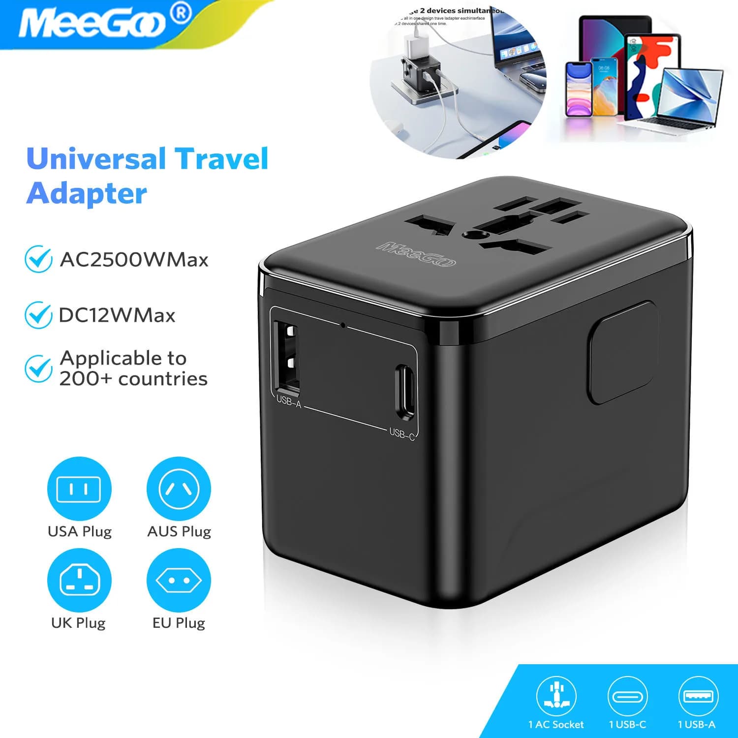 MeeGoo Adattatore da viaggio universale Adattatore con spina internazionale con 1 USB-C + 1 porte USB-A Caricatore da muro per viaggi UE UK USA AUS