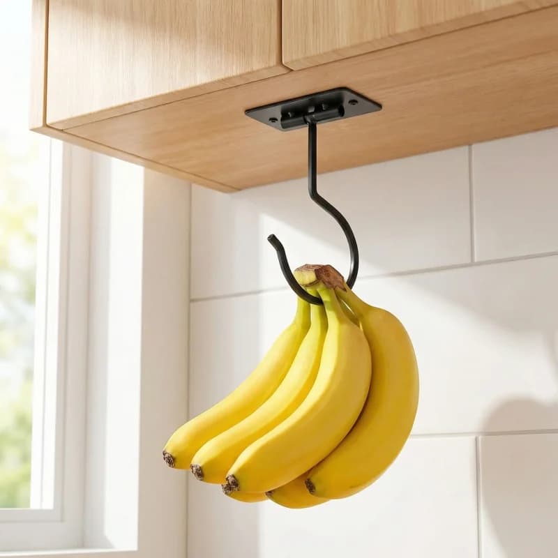 Black Metal Self-Adhesive Banana Hook Foldable Storage Rack Space-Saving Kitchen Cabinet Food Organizer 1-2PCS
