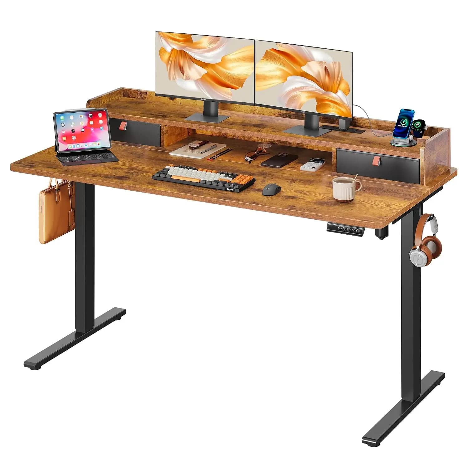 55 Inch Standing Desk with Shelf, Workstation, LED Touchscreen, Headphone Hook, 3 Memory Preset, Home Office, Rustic Brown, Cust