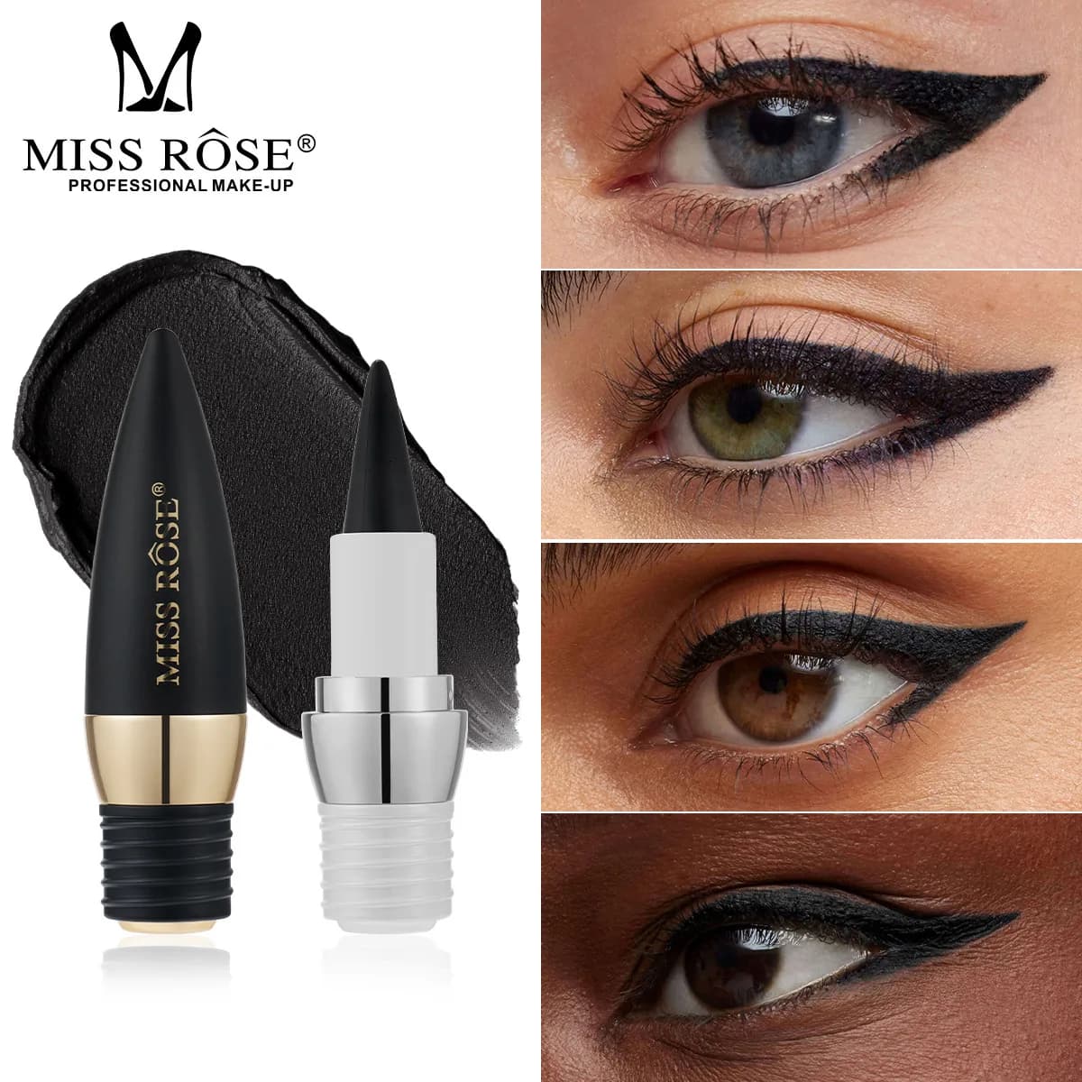 MISS ROSE Eyeliner Gel Nero Impermeabile, Colore Intenso, Punta Delicata e Liscia, Strumento Cosmetico per Trucco Occhi Quotidiano alla Moda