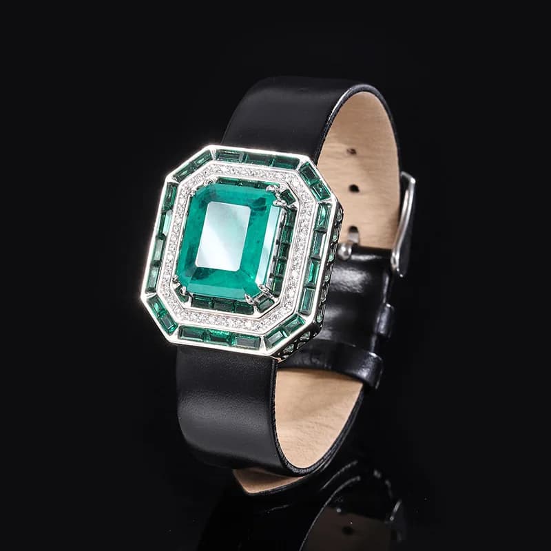 Bracciali con Charm in Diamante ad Alto Contenuto di Carbonio e Smeraldo e Rubino Sintetici, con Cinturino in Pelle Nera