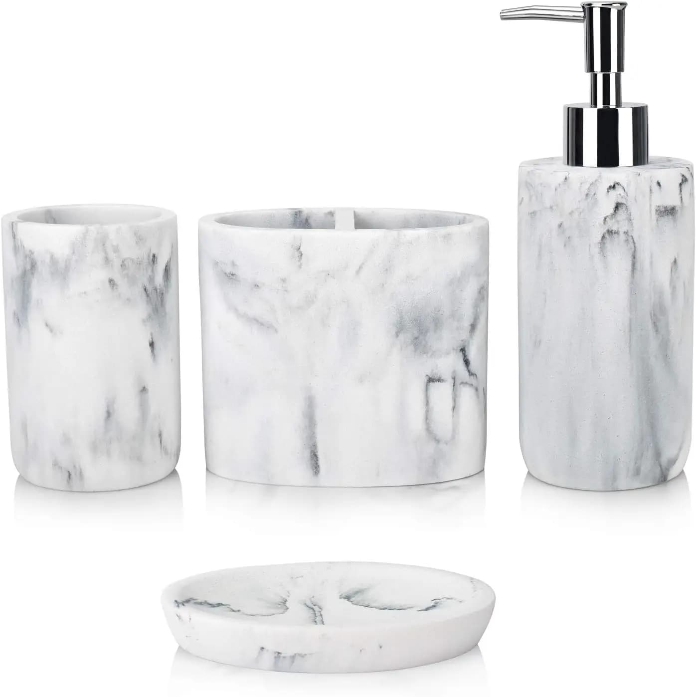 Set da Bagno in Marmo 4 Pezzi con Portaspazzolini, Dispenser Sapone, Bicchiere e Portasapone per Arredamento Casa