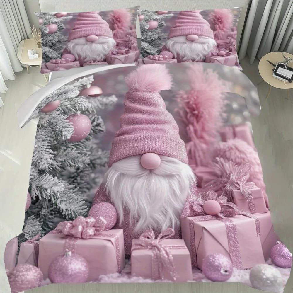 Latacaca 2/3 pezzi Set copripiumino gnomo natalizio Set copripiumino a tema rosa Set biancheria da letto festoso e accogliente Regalo di Natale