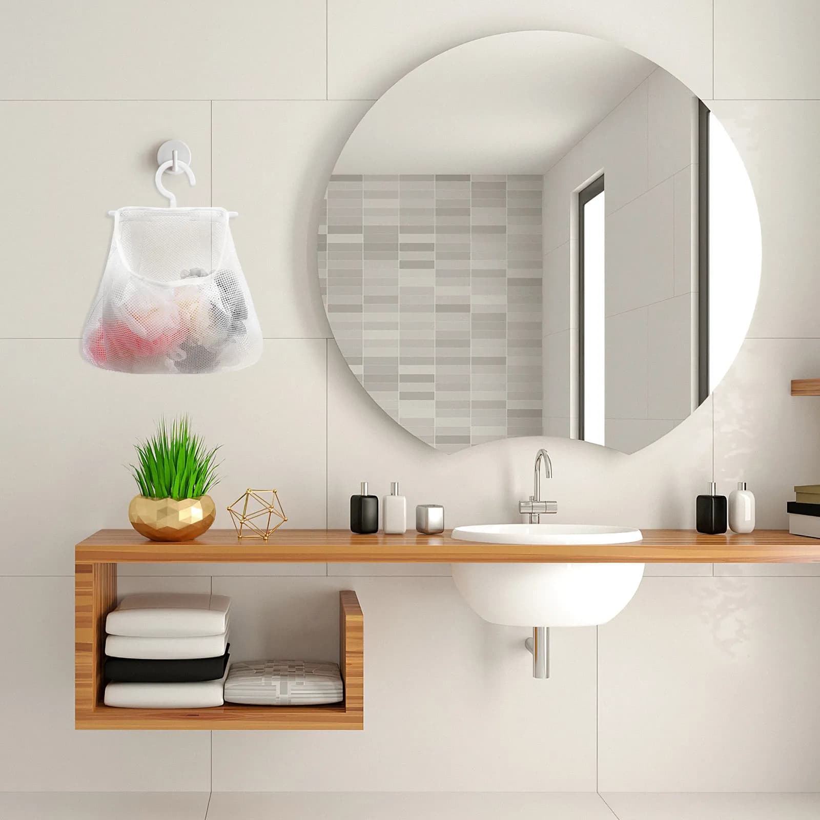 Borsa a Rete Sospesa 34.7x27.6cm Multiuso con Mollette, Organizer per Cucina e Bagno, Borsa Portaoggetti Portatile in Rete