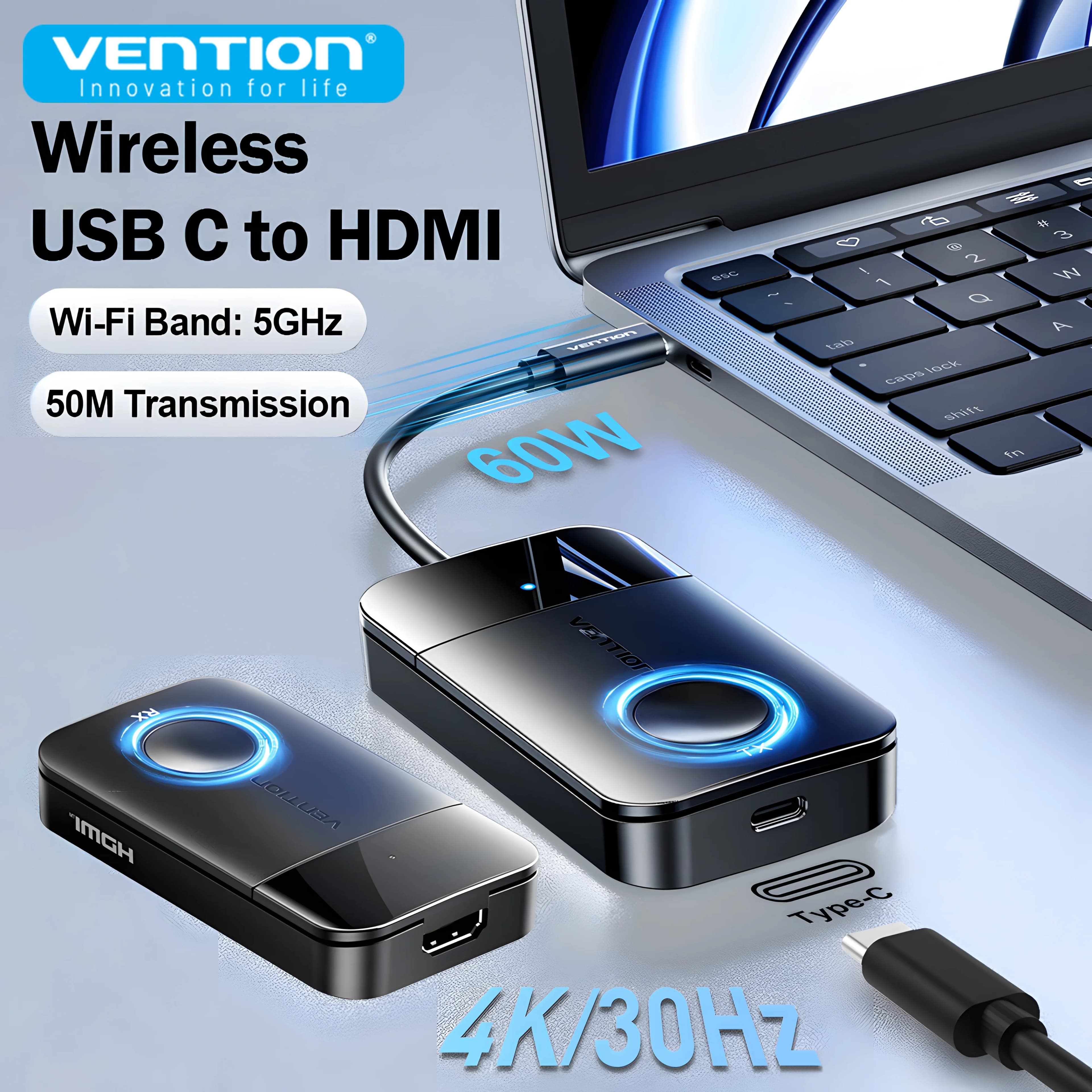 Vention Extender HDMI wireless Ricevitore trasmettitore video 4K @ 30Hz Adattatore WiFi USB C a HDMI da 5 GHz per PC IOS Android Laptop TV