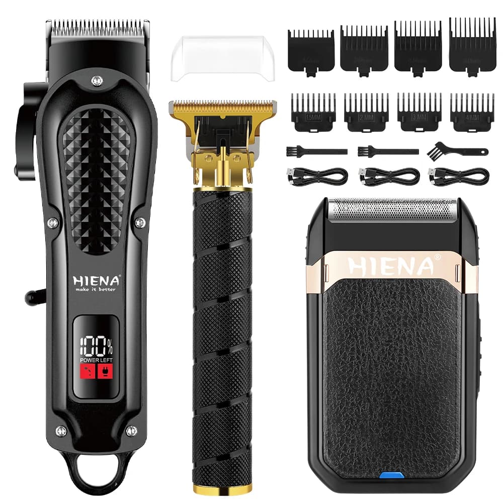 HIENA 3 In 1 Barber Set LCD Cordless Hair Clipper Trimmer Electric Shaver Rechargeable Haircut Kit For Men Salon Home
