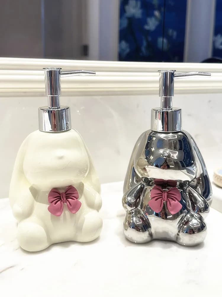 WHYOU-Densatori di sapone liquido in ceramica creativa con simpatico coniglio, bottiglia di emulsione per shampoo per il corpo, set di accessori da bagno in lattice