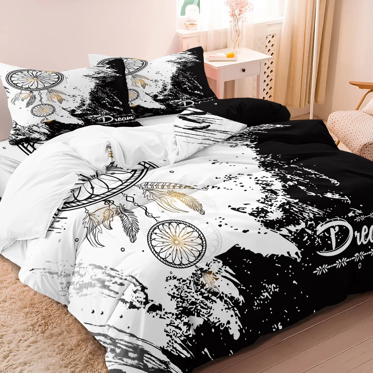 3pcs Black White Dreamcatcher Print Duvet Cover Set,Suitable For Bedroom Hotel Inn School Dormitory Can Be Used As Holiday Gifts