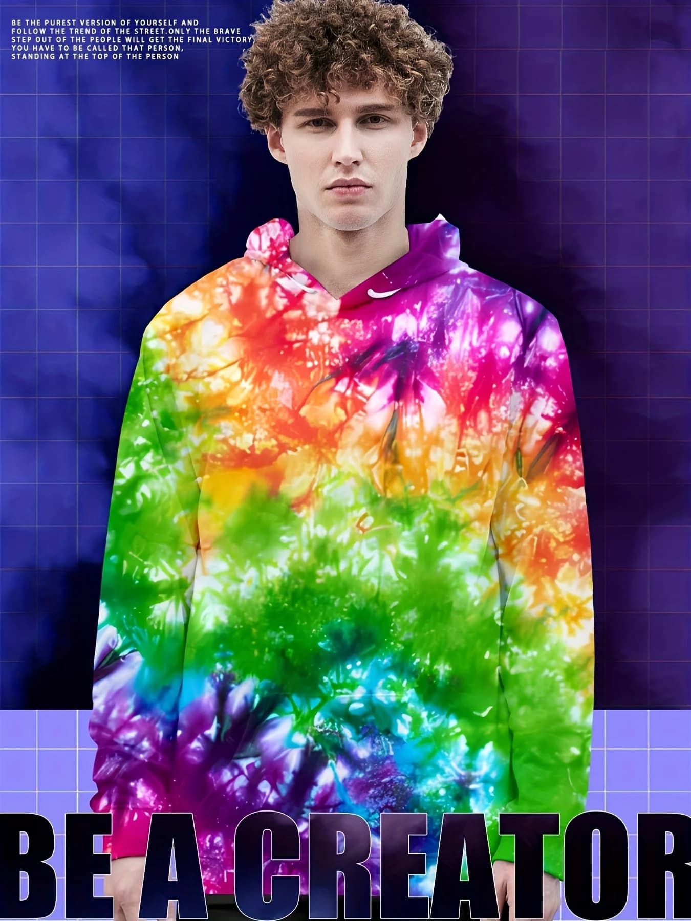 Mens Bright Multi Tone Tie Dye Hoodie Colorful Spiral Dye Full Over Print Summer Festival Casual Sweat Top
