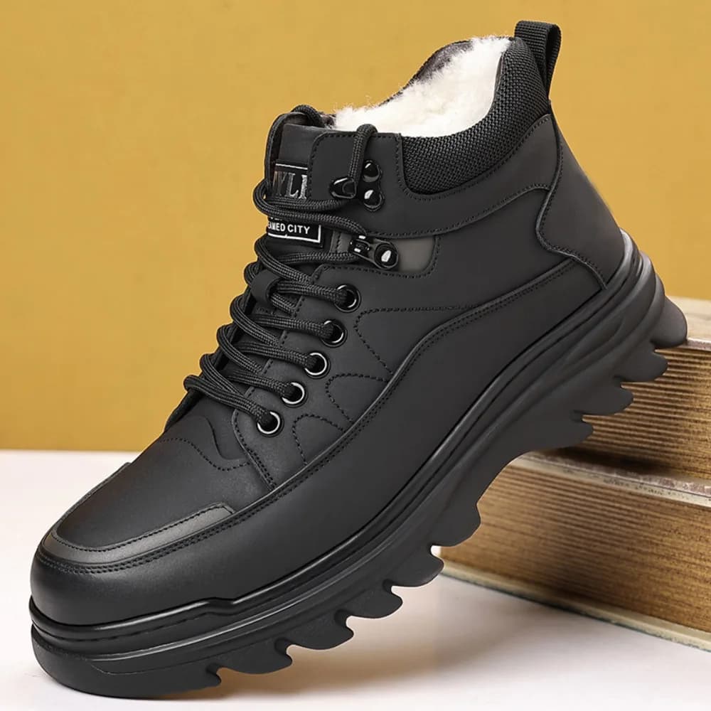 Winter New Men Real Leather Lace Up Ankle Cotton Boots Thick Sole Non Slip High Top Plush Warm Outdoor Hiking Boots Work Boots