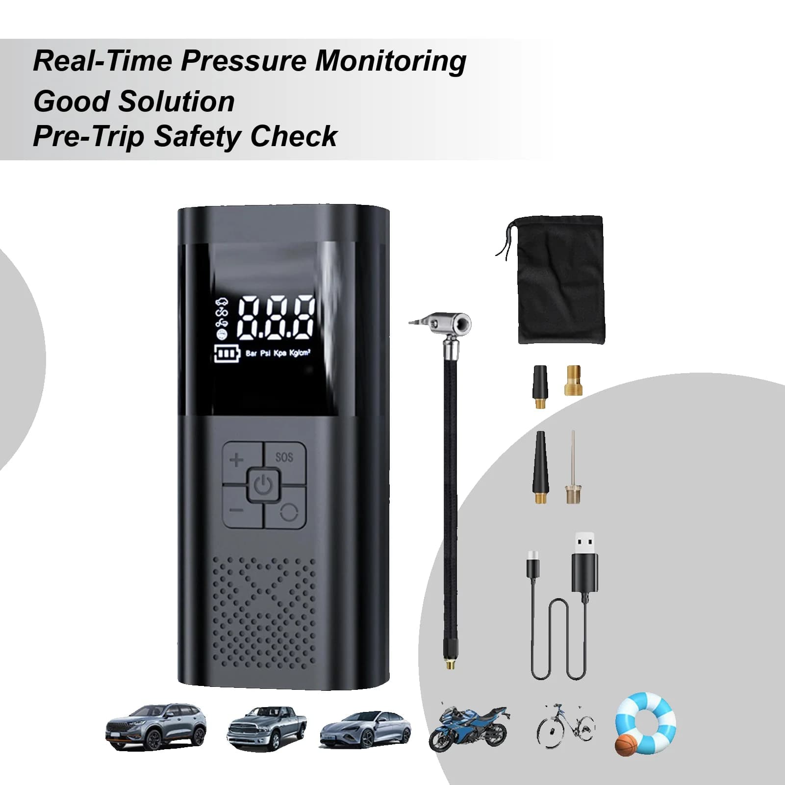 Gonfiatore per pneumatici senza fili Compressore d'aria digitale portatile 2in1 per auto bici moto camion veicolo viaggio emergenza casa all'aperto