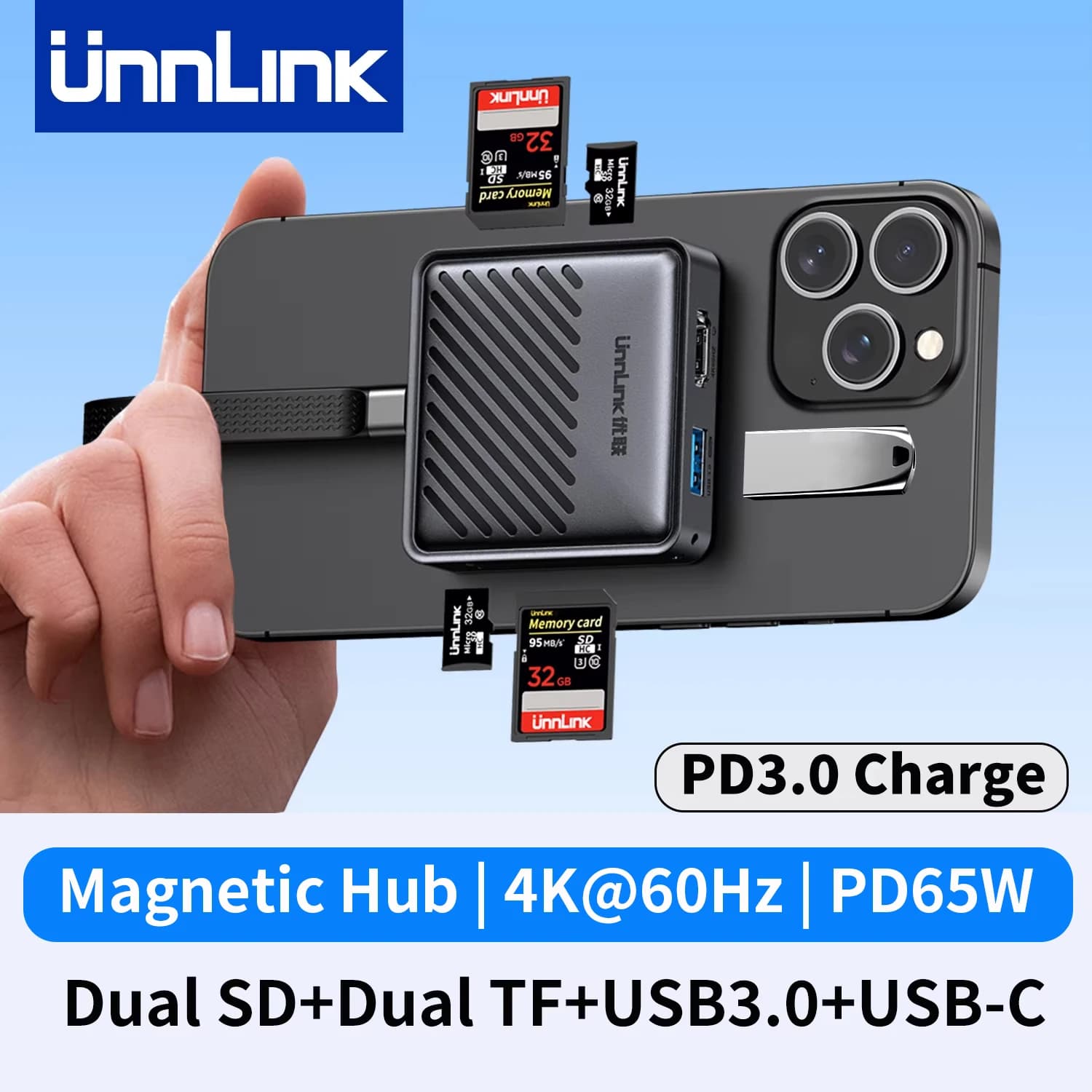 Unnlink Dock USB-C magnetico Adattatore 8 in 1 Dual SD, doppio lettore di schede TF, USB 3.0, tipo C 5 Gbps, ricarica PD 3.0 per iPhone 15/16