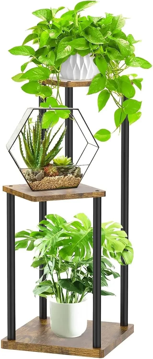 Espositore Angolare a 3 Livelli per Piante, da Interno ed Esterno, in Metallo e Legno, Porta Vasi, Scaffale per Soggiorno, Balcone, Giardino
