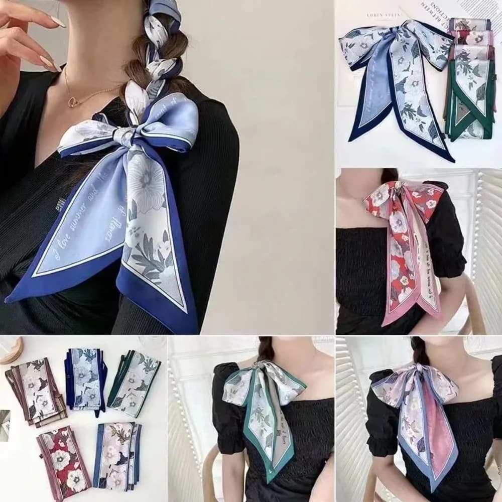 Sciarpa estiva in raso di seta floreale Stretta sottile lunga legata Fascia per capelli Decorazione Fazzoletto da collo Foulard per le vacanze