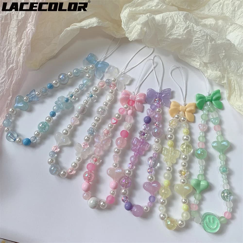 Cute Heart Beaded Bracelet Acrylic Colorful Bowknot Flower Butterfly Sweet Pearl Mobile Phone Shell Accessories Anti-Lost Chain