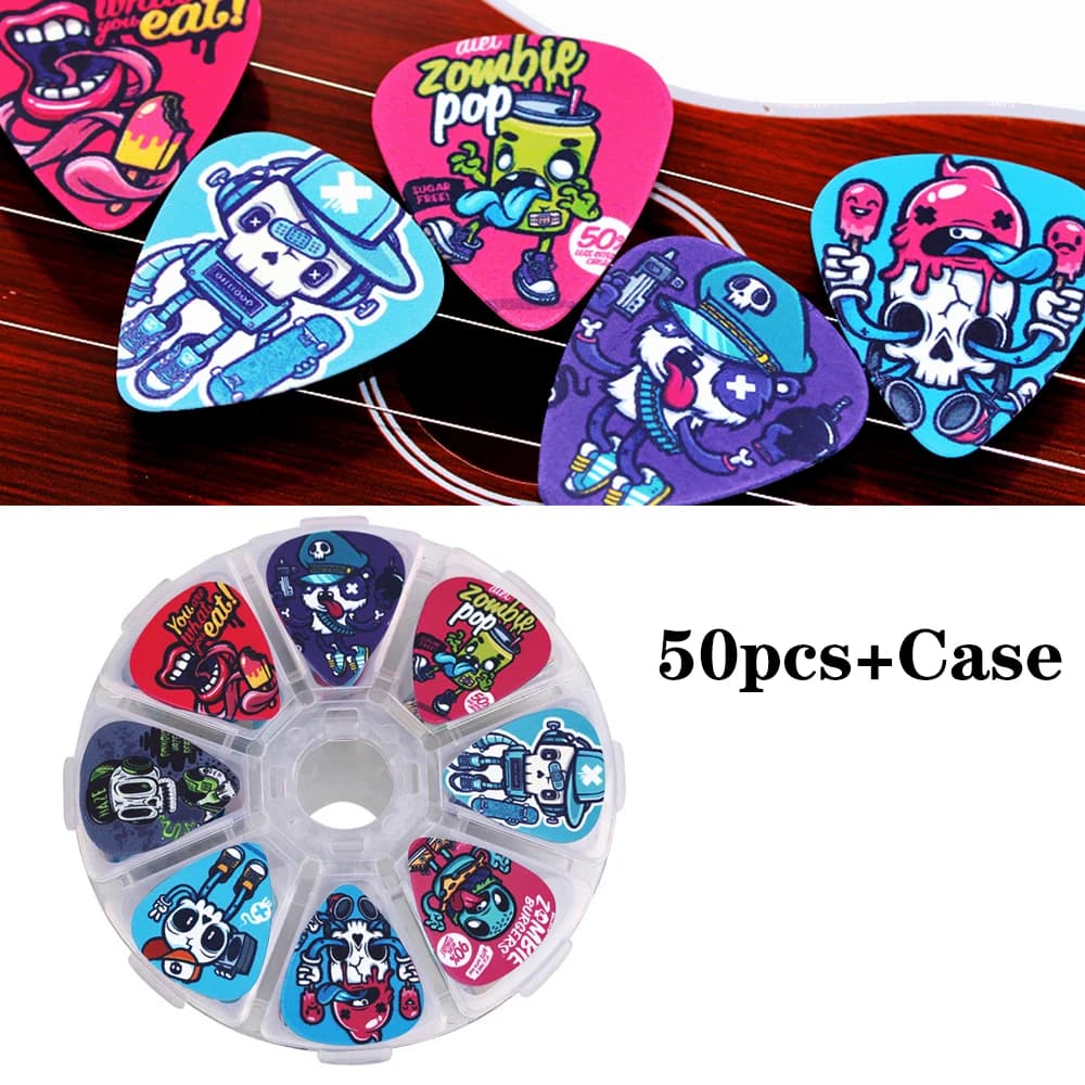 Misto 0.46/0.71/1.0mm 50 pezzi palette per chitarra plettri per chitarra acustica ukulele cartone animato scheletro accessori plettro per cartoni animati con custodia