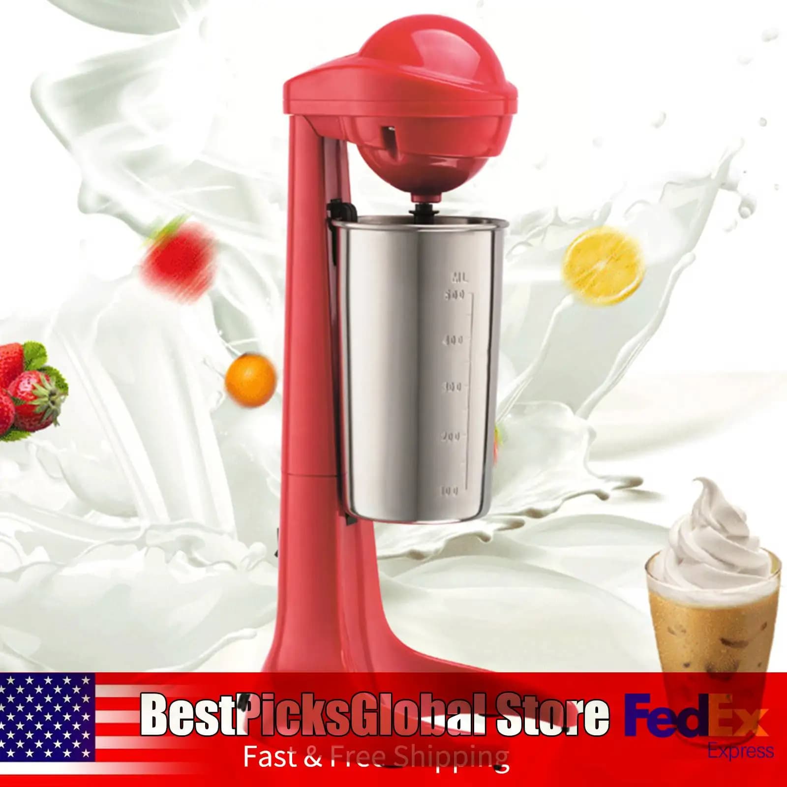 Frullatore per Milkshake Rosso, 110V, 23000rpm, 100W con Bicchiere da 500ml per Frullati, Smoothie, Latte e Cocktail