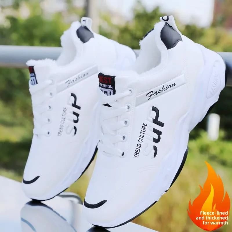 Men's Winter Fleece Lined Casual Running Shoes Warm Youth Student Sports Shoes White Breathable Comfortable Low Top Sneakers