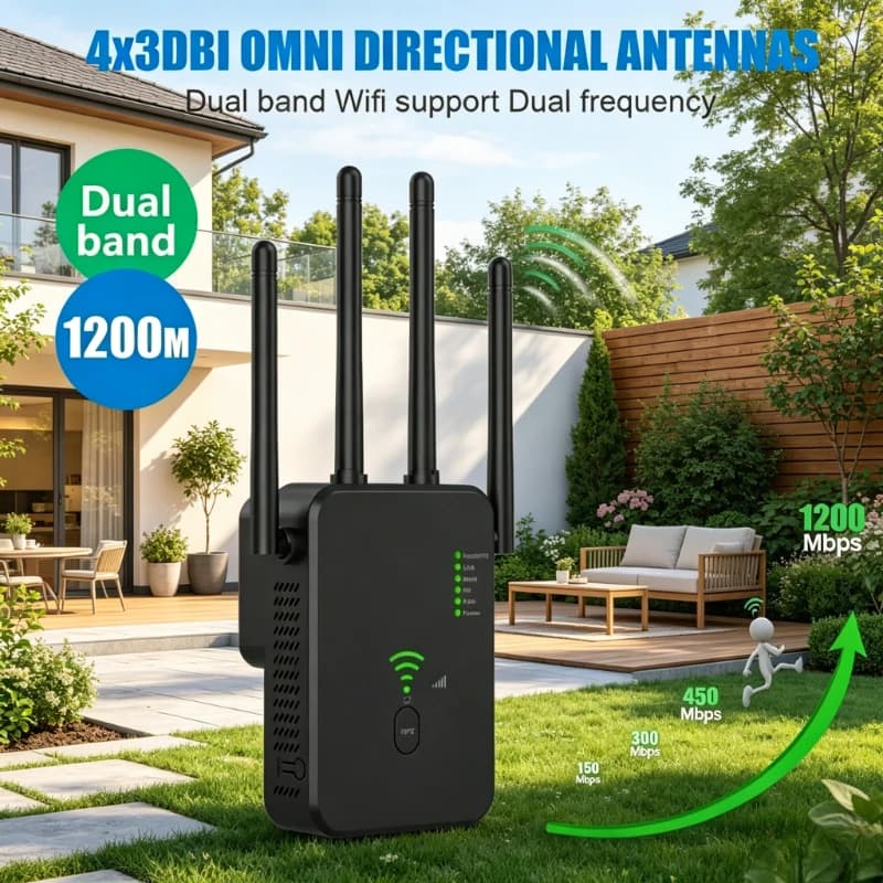 Nuovo Ripetitore WiFi Dual-Band 2026 1200Mbps 300Mbps, Amplificatore di Segnale 2.4G 5G 802.11ac Gigabit con WPS