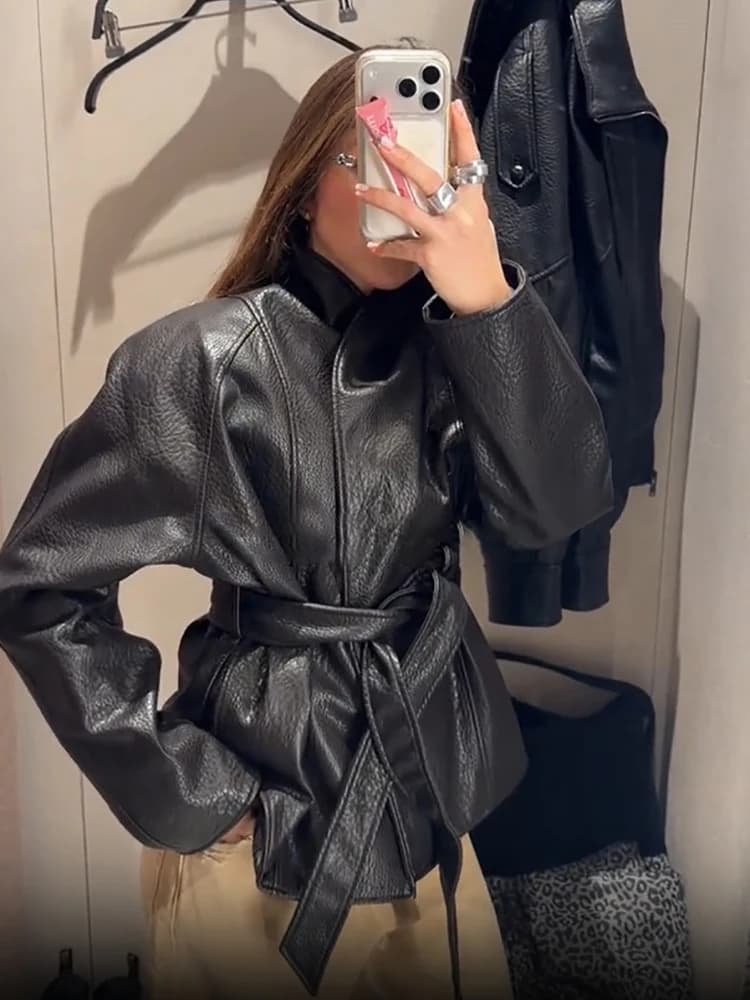 Chic High Collar Belted Wrap Jacket Fashion Faux Leather Long Sleeve Loose Street Style Casual Coat 2026 Lady Autumn Outerwear