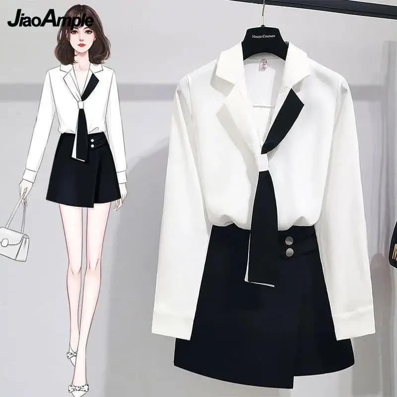 2025 White Girl's Shirt Top Longuette Women's Dress in Two Pieces Korean Fashion Elegant Blouse Dress Set Women's Dresses