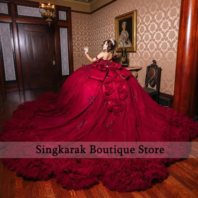 Customized 2026 Red Quinceanera Dress Ball Gown Off The Shoulder Beading Crystal Tiered Tull Sweet 16 Dress Vestios
