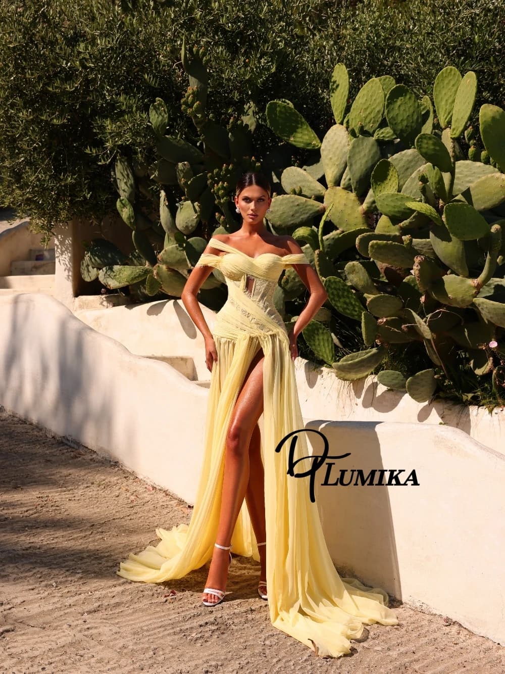DTLumika Yellow Flowy A Line Prom Dress Off Shoulder Lace Waist Sexy High Slit Chiffon Evening Gown Customized Fashionable Wear