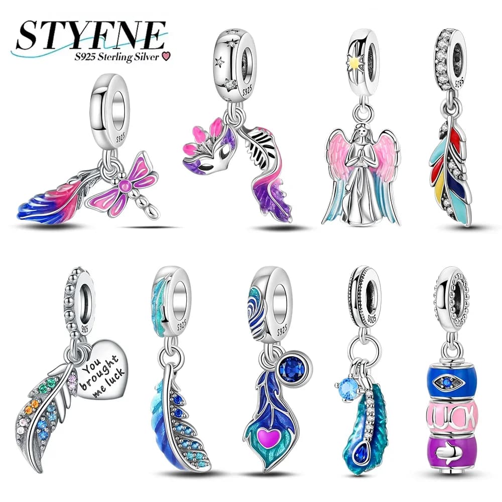 Charm 925 Silver Colorful Feather Prayer Angel Charms Beads for Original Bracelets Bangle Diy Women Making Jewelry Gift