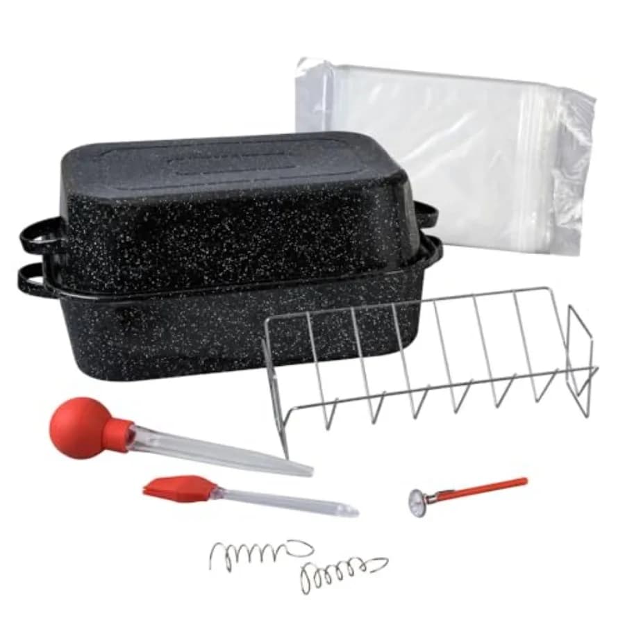 Set di 10 Pezzi per Arrosto Rettangolare da 25 libbre, include Coperchio, Griglia a V, 2 Sacchetti per Marinatura, Termometro per Carne Adatto a Forno/Griglia, Spremi-Goccia per Tacchino