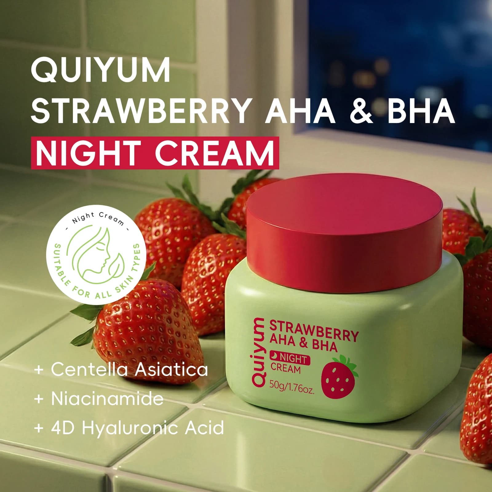 Quiyum Strawberry AHA & BHA Crema Notte 50g Esfoliazione delicata Idratazione a lunga durata Levigante Illuminante Acido Ialuronico 4D