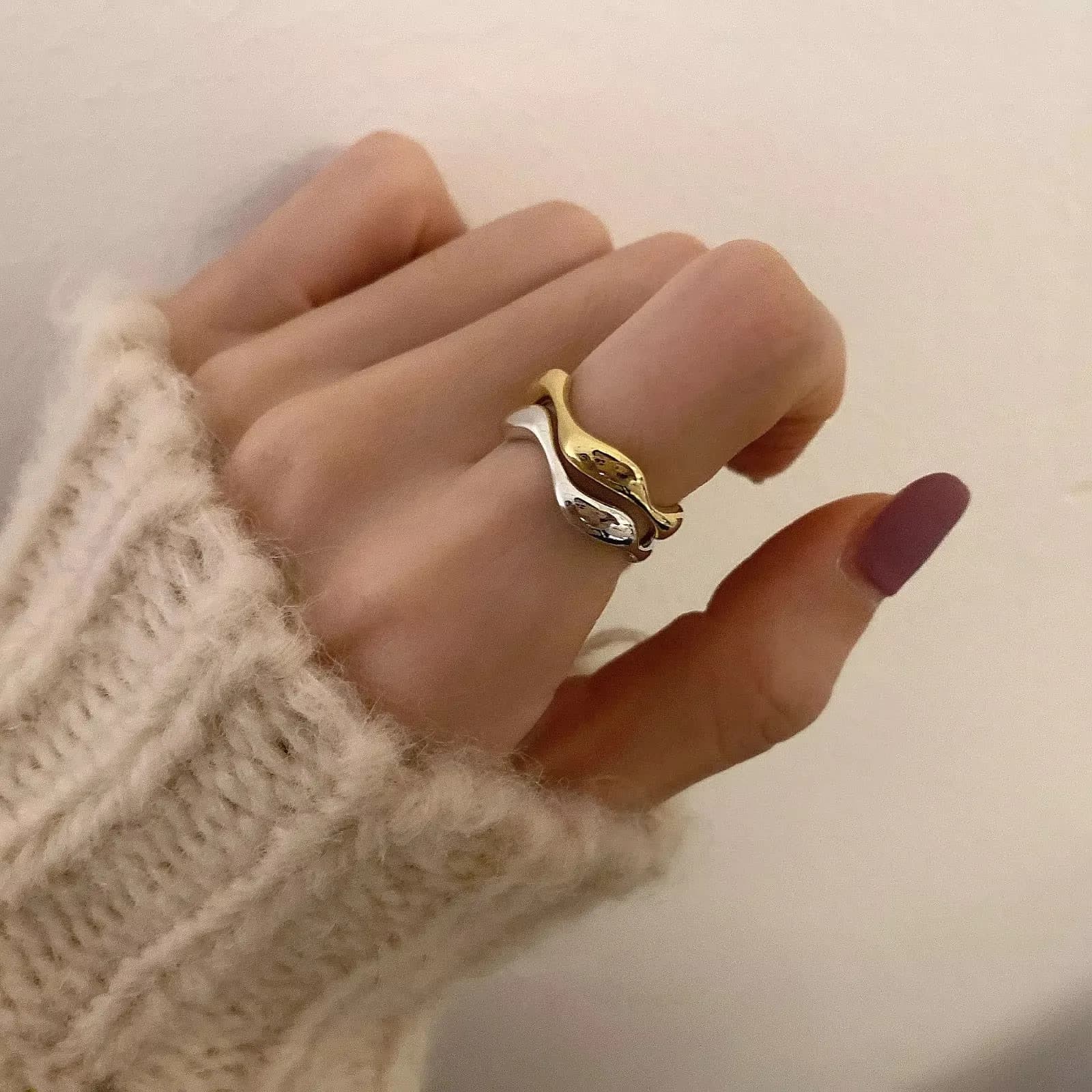 Anelli Impilabili VENTFILLE in Argento Sterling 925 con Design Irregolare a Onda Dorata, Regolabili e alla Moda per Donne, Ideali come Regalo, Disponibili in Dropshipping