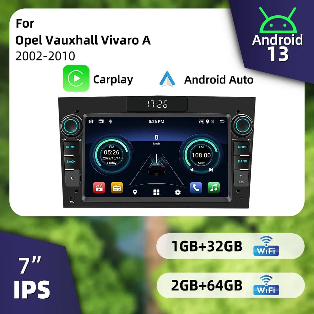 Autoradio Multimedia 7 Inches 2Din Android with Carplay Wireless/GPS/BT/WIFI for Opel Vauxhall Vivaro A 2002-2010