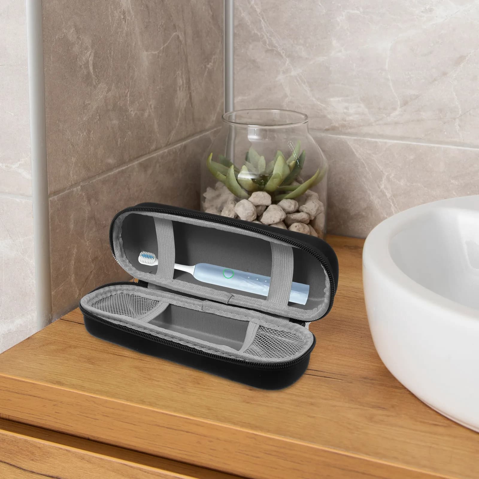Waterproof case for electric toothbrush, portable, travel, with brush and toothpaste compartment, travel size