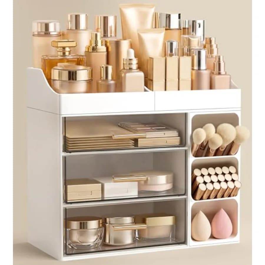 Organizzatore per Trucchi da Comodino con Porta Pennelli, Grande Organizzatore da Bagno con Cassetti, Contenitori per Prodotti Skincare da Toeletta, P