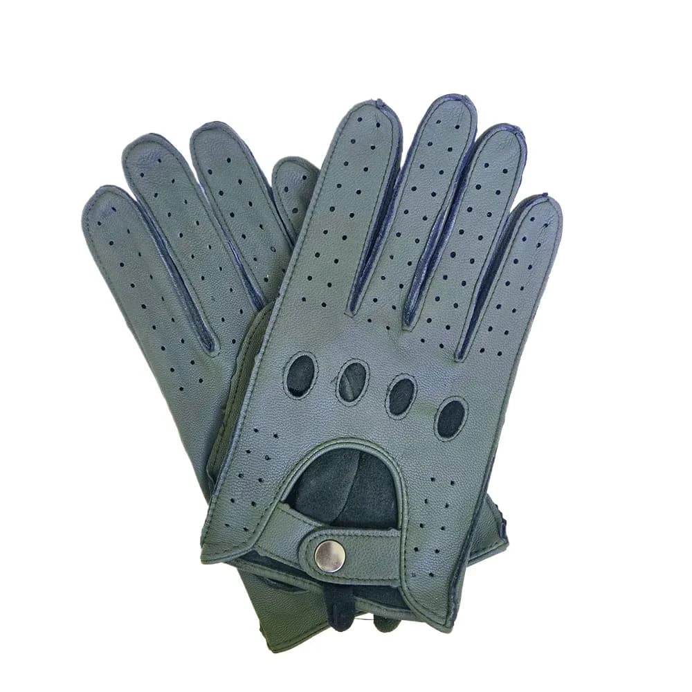 New Men's Genuine Leather Breathable Gloves Sports Riding Moto Gloves Sheepskin Driving Gloves Spring Summer Army Green
