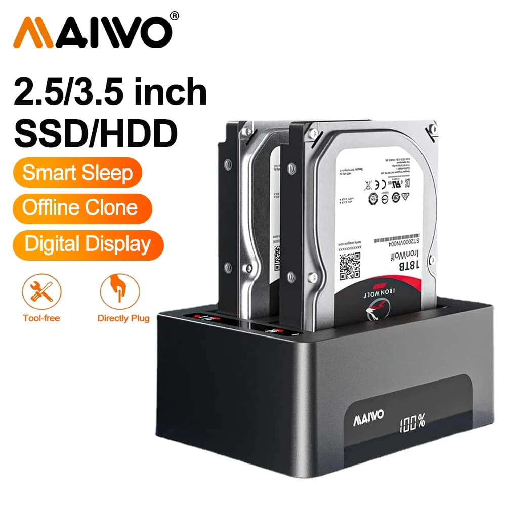 MAIWO Docking station clone per custodia per disco rigido esterno da USB 3.0 a SATA Dual Bay per dock per disco rigido SATA HDD/SSD da 2,5"/3,5"