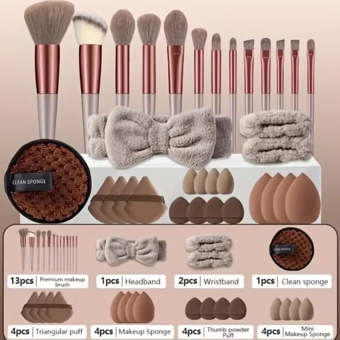 33Pcs Beauty Accessory Kit with Makeup Brushes, Blender Sponges, Velour Puffs, Hair Band and Wristbands for Women Travel Kit