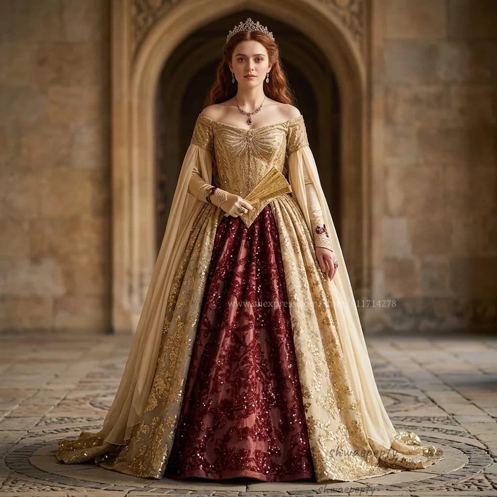 Abito da ballo medievale rinascimentale da regina, con spalle scoperte, paillettes oro e bordeaux, costume storico cosplay personalizzato