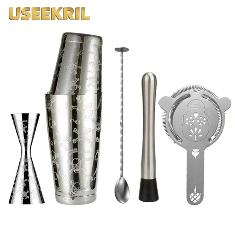 Skull Shaker Set Bar Cocktail Tools With Skull Boston Shaker Engraved Jigger Ice Strainer And Bar Spoon For Home Bar Party