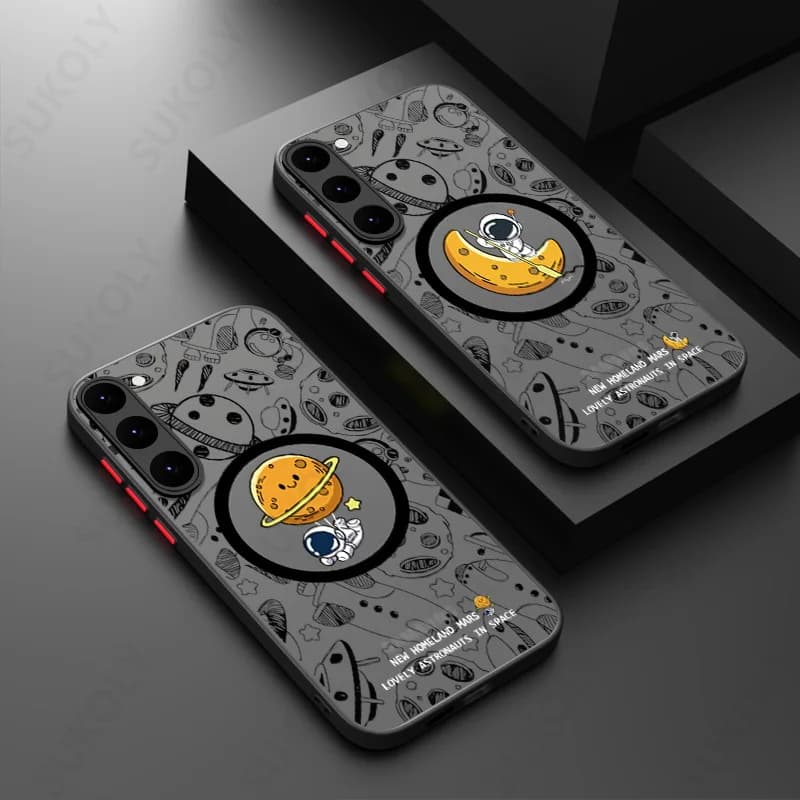 Cover per telefono Magsafe con astronauta dei cartoni animati per Samsung Galaxy S26 S25 S23 S22 S24 Ultra S24 S23 FE, in acrilico opaco con anello in ferro