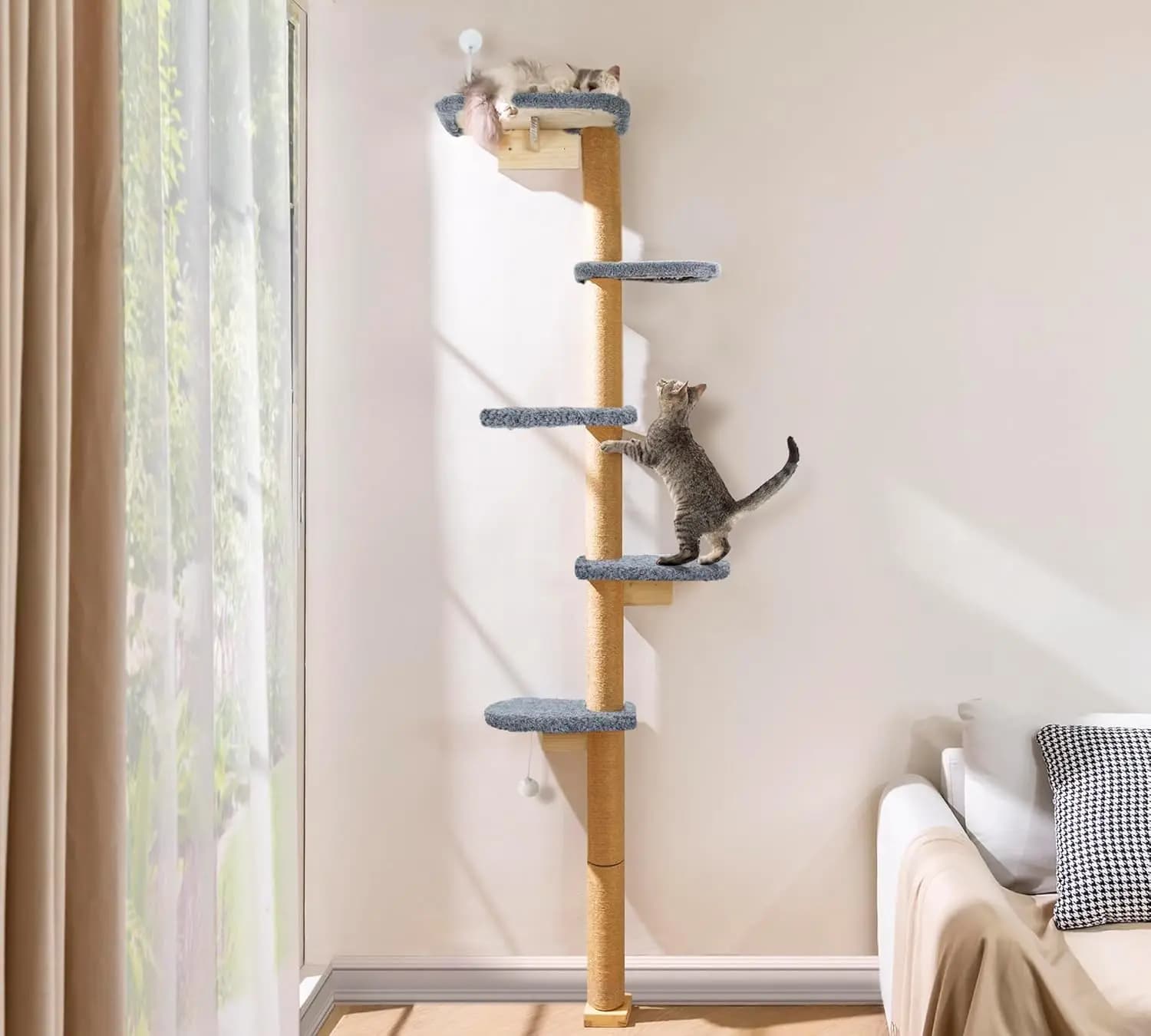 Mensole a parete per gatti, albero per gatti da 83 pollici dal pavimento al soffitto con cuscinetti in peluche grigio, albero da arrampicata regolabile con simulazione naturale, da parete