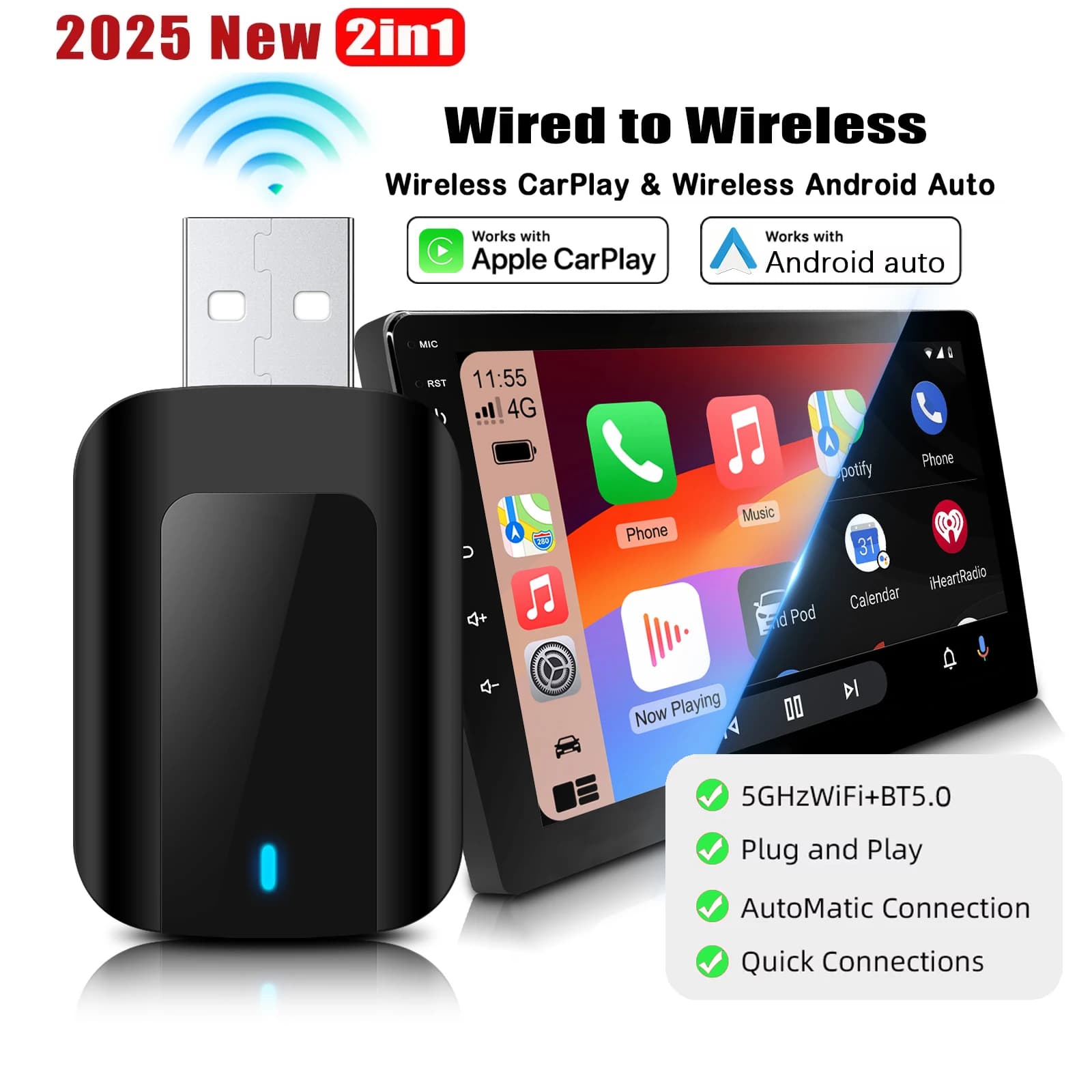 Smart Dongle Adapter Mini Wireless CarPlay and Android Auto 2in1, compact size, low latency, 5.GWiFi and BT5.0, Plug & Play for Wired